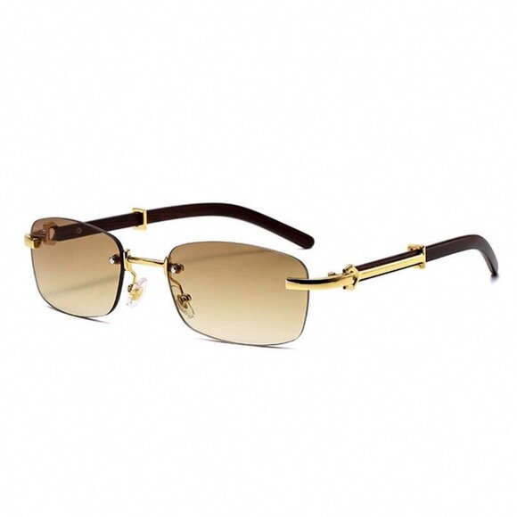 Rectangle Rimless Gold Frame Brown Tint Retro 90s Vintage Hip Hop Sunglasses - Picture 1 of 4